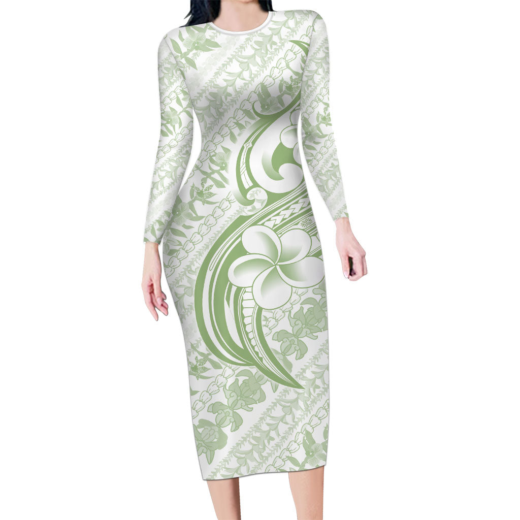 Hawaii Plumeria Lokelani Pikake Lei Family Matching Long Sleeve Bodycon Dress and Hawaiian Shirt Oma'oma'o Polynesian Tattoo LT9 Mom's Dress Green - Polynesian Pride