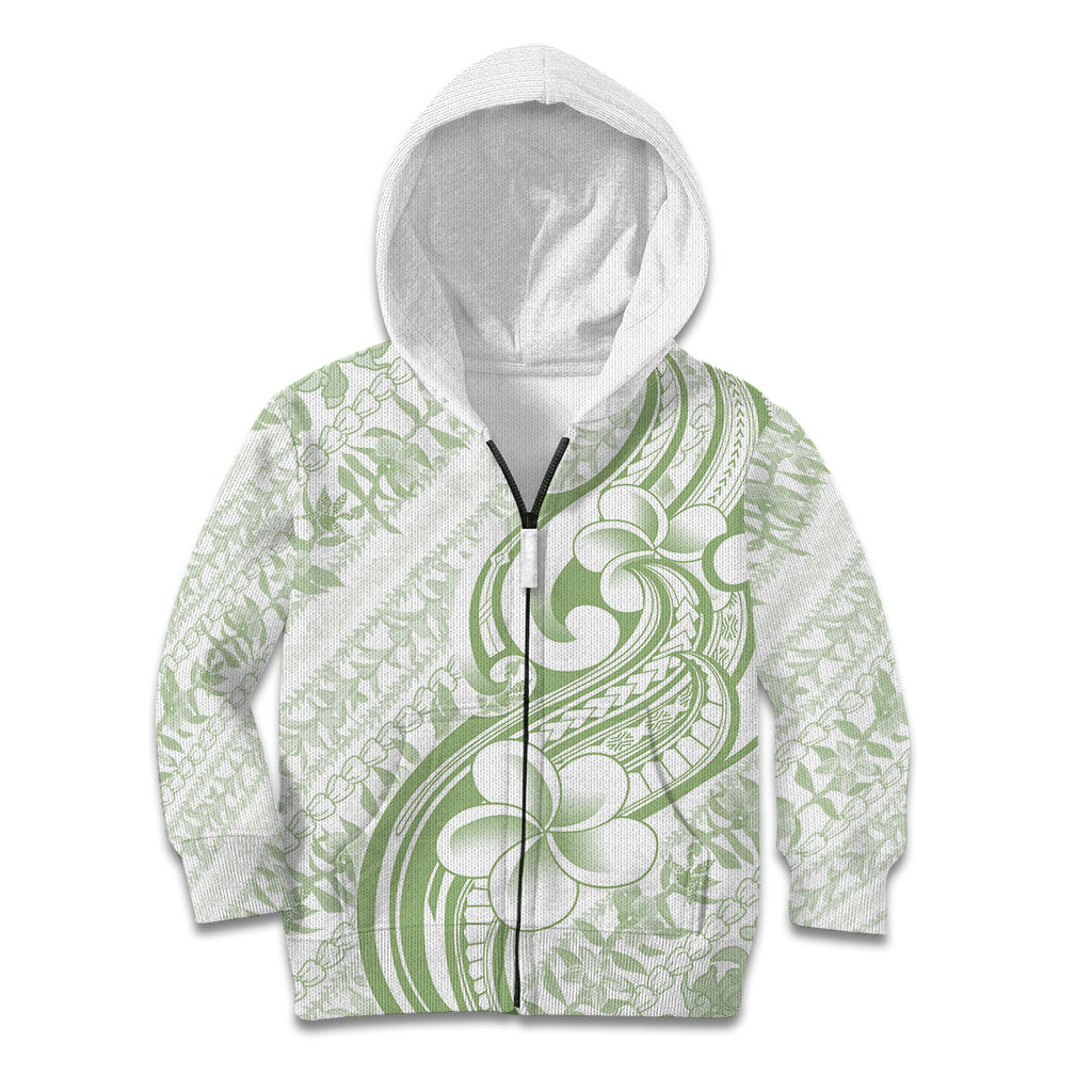 Hawaii Plumeria Lokelani Pikake Lei Kid Hoodie Oma'oma'o Polynesian Tattoo LT9 Zip Hoodie Green - Polynesian Pride