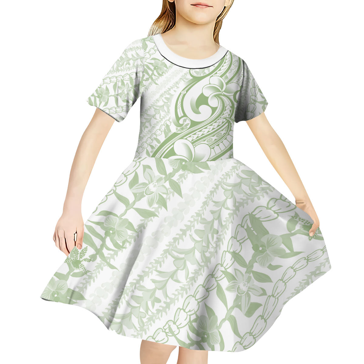 Hawaii Plumeria Lokelani Pikake Lei Kid Short Sleeve Dress Oma'oma'o Polynesian Tattoo LT9 - Polynesian Pride