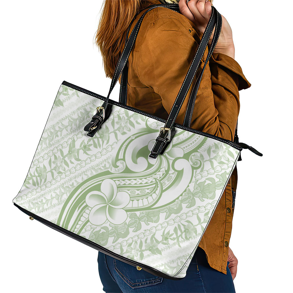 Hawaii Plumeria Lokelani Pikake Lei Leather Tote Bag Oma'oma'o Polynesian Tattoo
