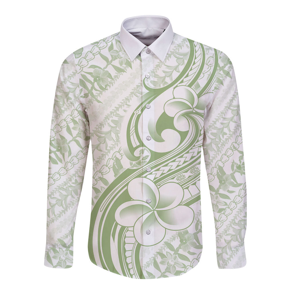 Hawaii Plumeria Lokelani Pikake Lei Long Sleeve Button Shirt Oma'oma'o Polynesian Tattoo LT9 Unisex Green - Polynesian Pride