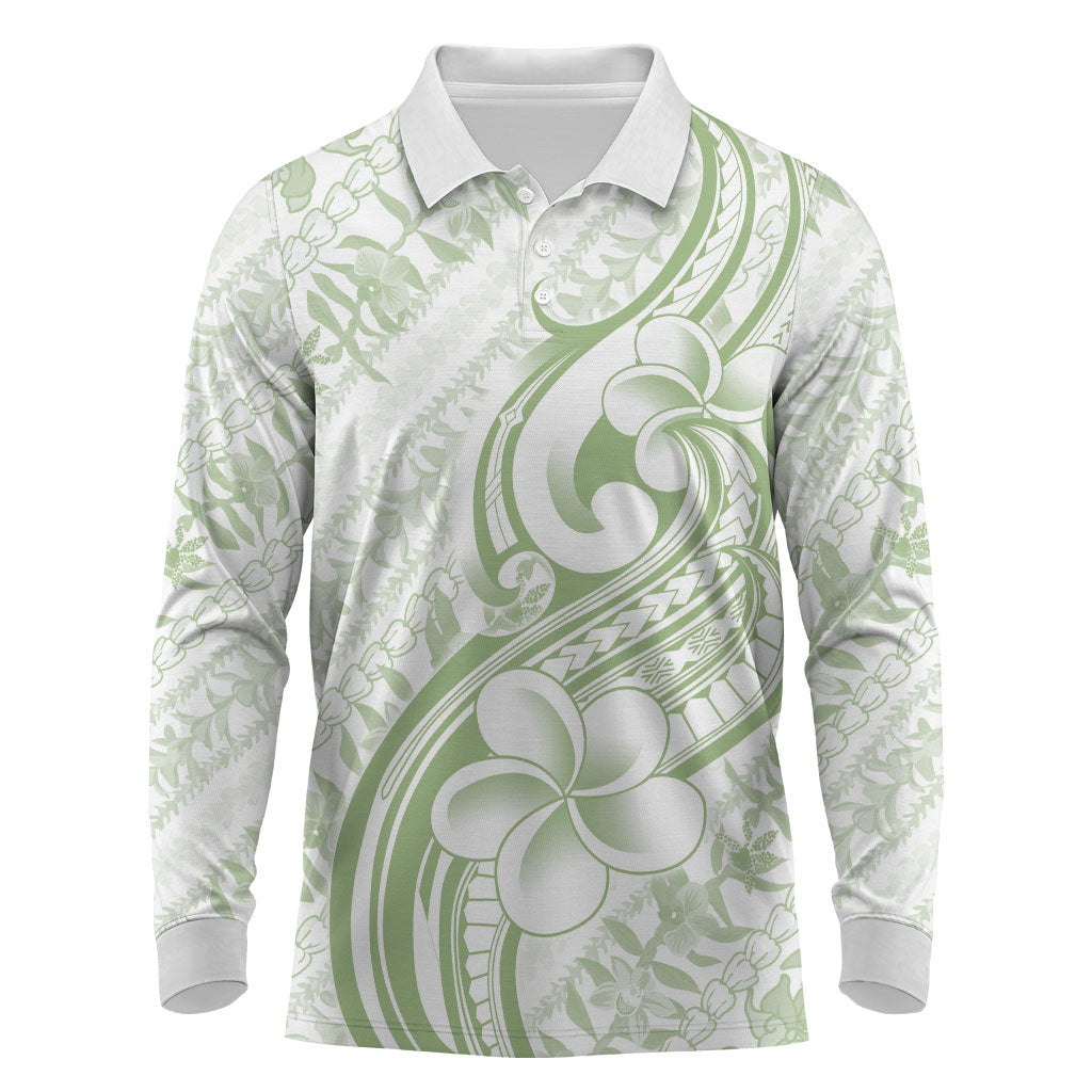 Hawaii Plumeria Lokelani Pikake Lei Long Sleeve Polo Shirt Oma'oma'o Polynesian Tattoo LT9 Green - Polynesian Pride