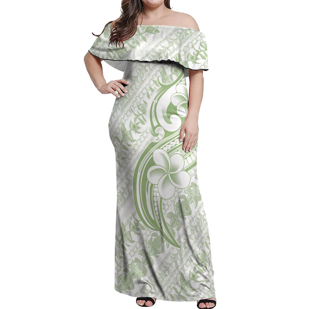 Hawaii Plumeria Lokelani Pikake Lei Off Shoulder Maxi Dress Oma'oma'o Polynesian Tattoo LT9 Women Green - Polynesian Pride