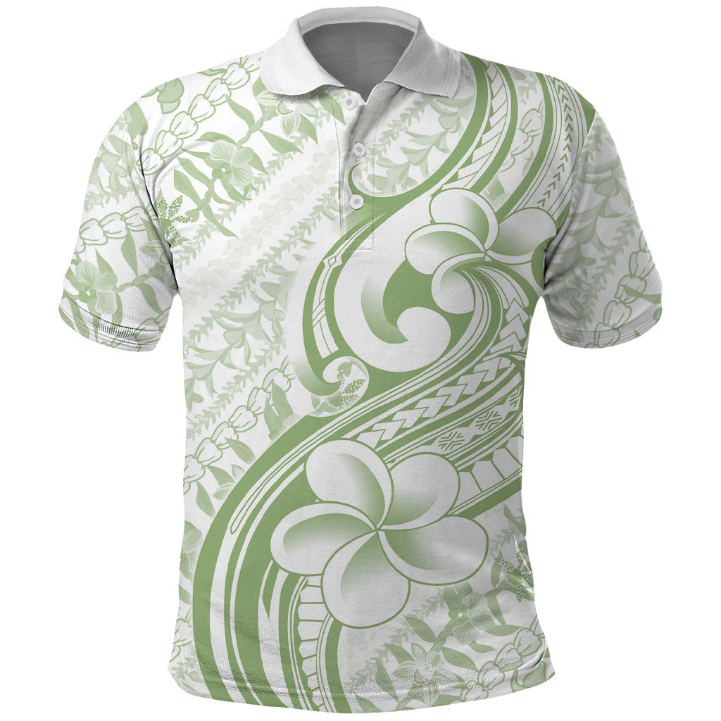 Hawaii Plumeria Lokelani Pikake Lei Polo Shirt Oma'oma'o Polynesian Tattoo LT9 Green - Polynesian Pride