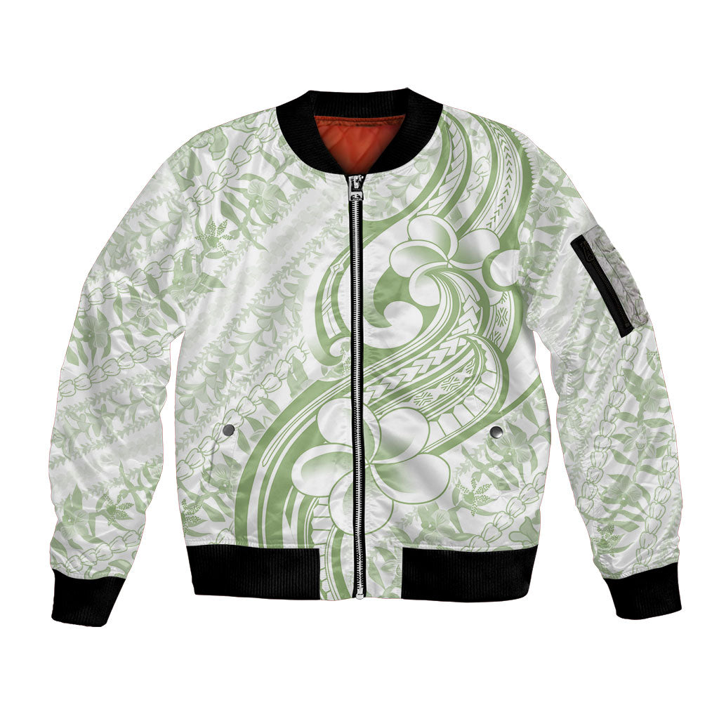 Hawaii Plumeria Lokelani Pikake Lei Sleeve Zip Bomber Jacket Oma'oma'o Polynesian Tattoo LT9 Unisex Green - Polynesian Pride