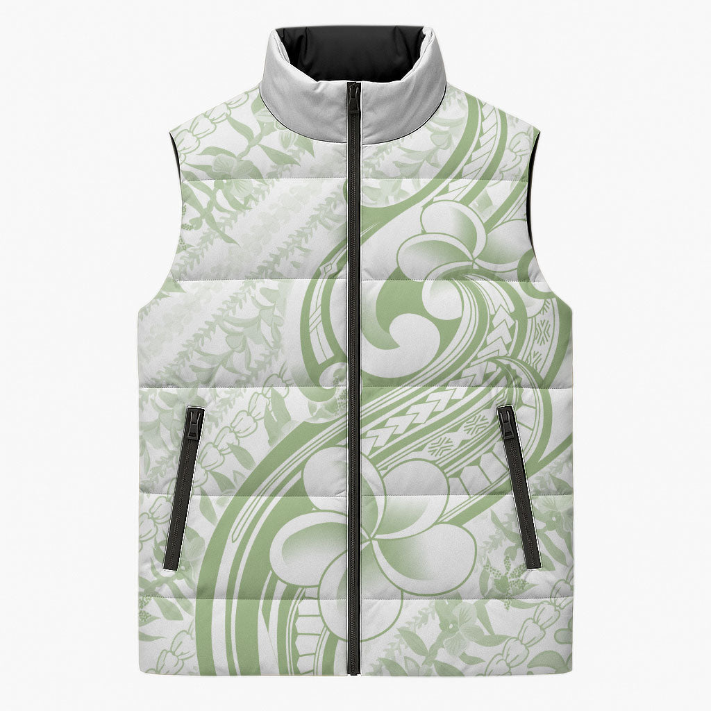 Hawaii Plumeria Lokelani Pikake Lei Sleeveless Puffer Jacket Oma'oma'o Polynesian Tattoo LT9 Unisex Green - Polynesian Pride