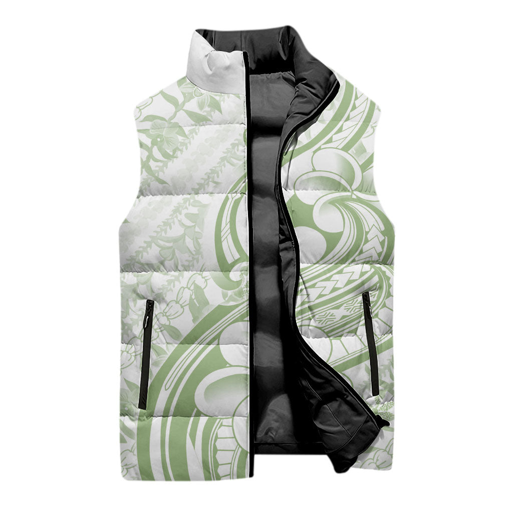 Hawaii Plumeria Lokelani Pikake Lei Sleeveless Puffer Jacket Oma'oma'o Polynesian Tattoo