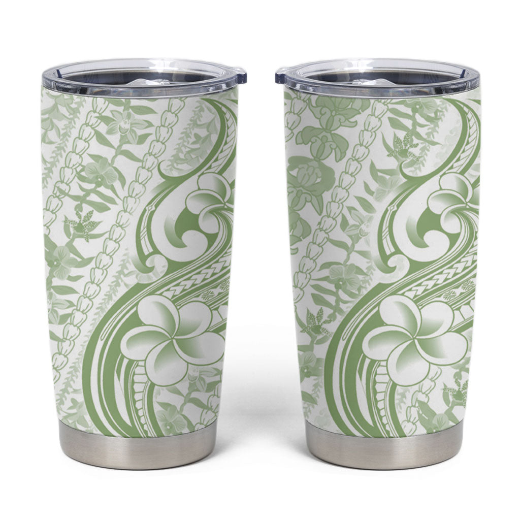 Hawaii Plumeria Lokelani Pikake Lei Tumbler Cup Oma'oma'o Polynesian Tattoo LT9 Green - Polynesian Pride
