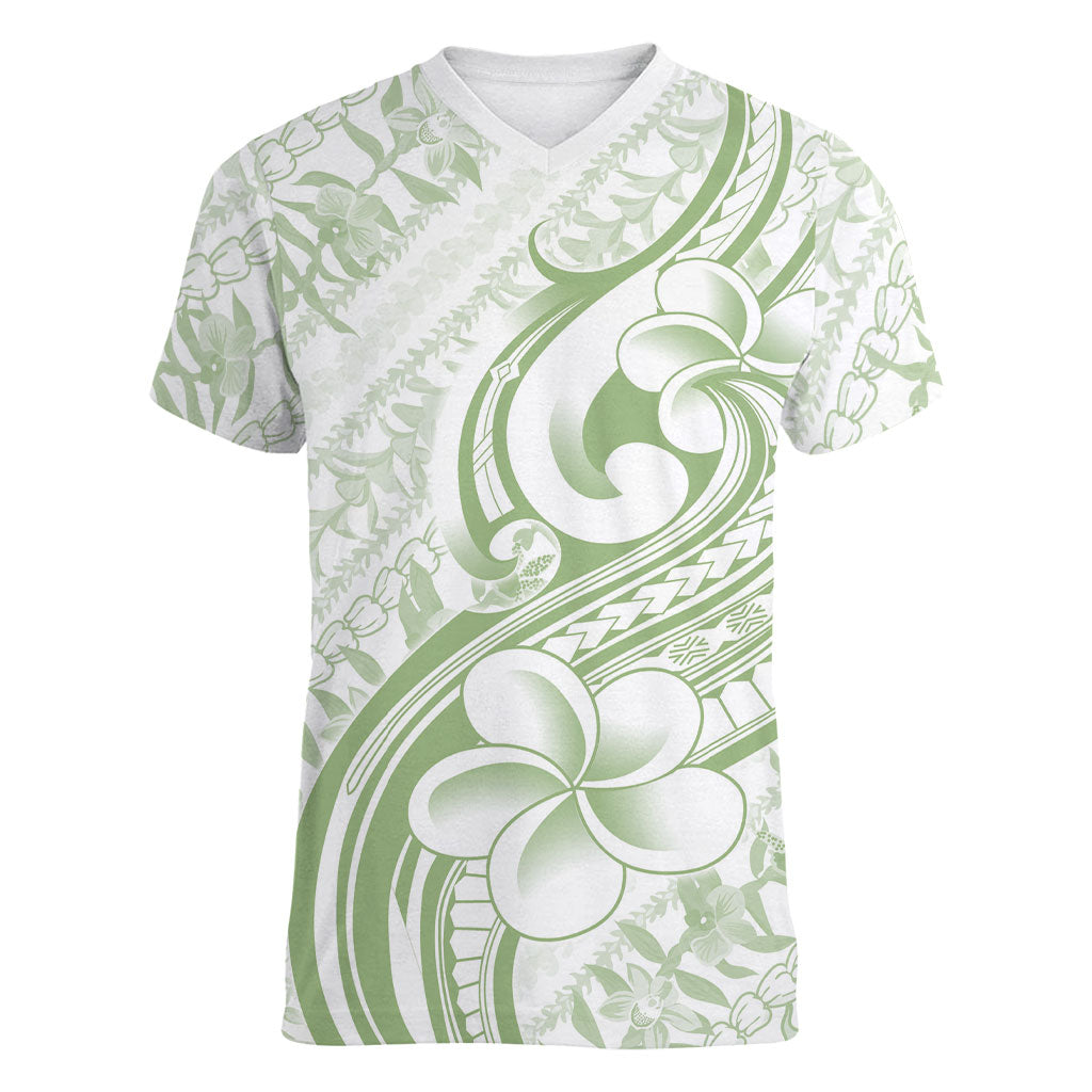 Hawaii Plumeria Lokelani Pikake Lei Women V-Neck T-Shirt Oma'oma'o Polynesian Tattoo LT9 Female Green - Polynesian Pride