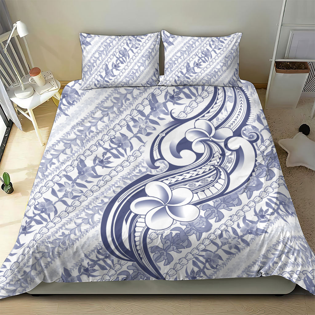 Hawaii Plumeria Lokelani Pikake Lei Bedding Set Navy Blue Polynesian Tattoo