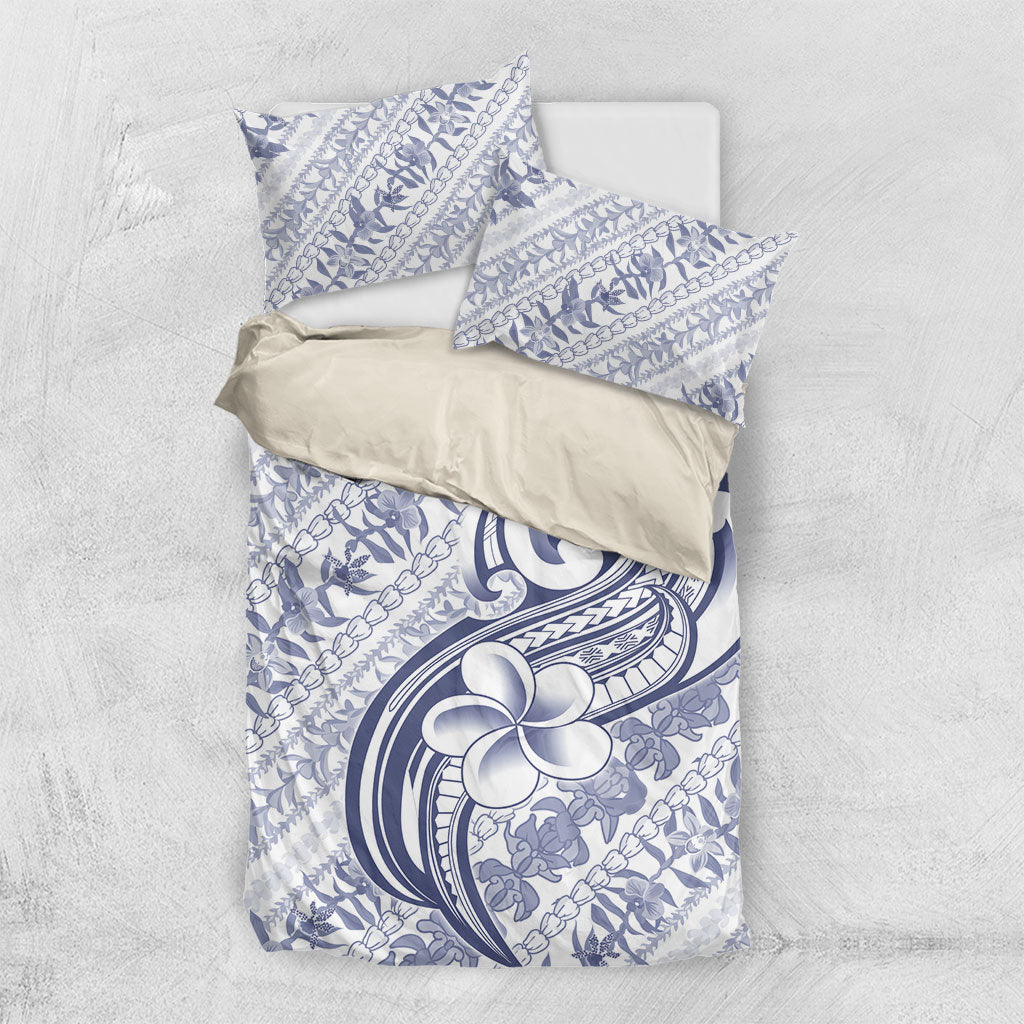 Hawaii Plumeria Lokelani Pikake Lei Bedding Set Navy Blue Polynesian Tattoo