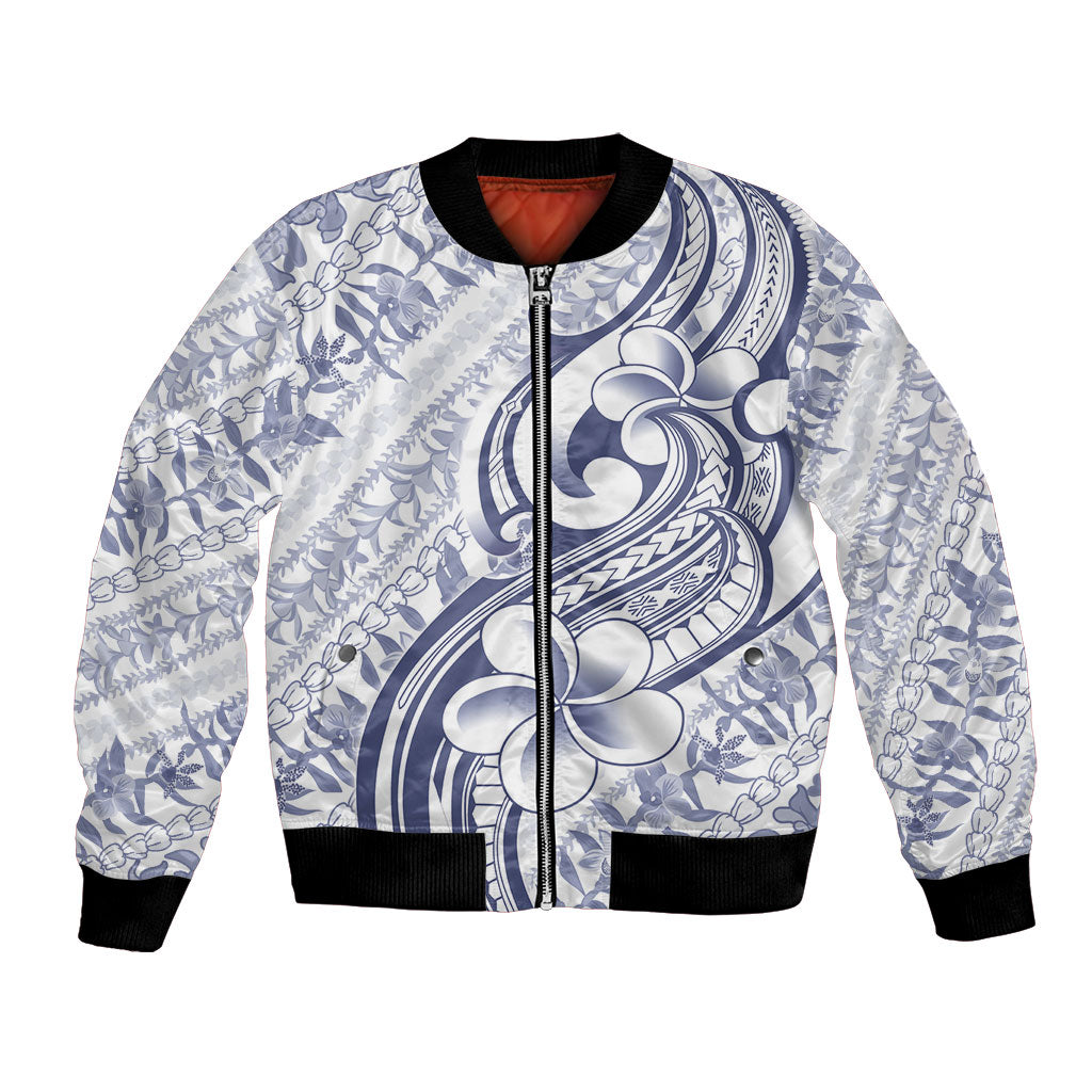 Hawaii Plumeria Lokelani Pikake Lei Bomber Jacket Navy Blue Polynesian Tattoo