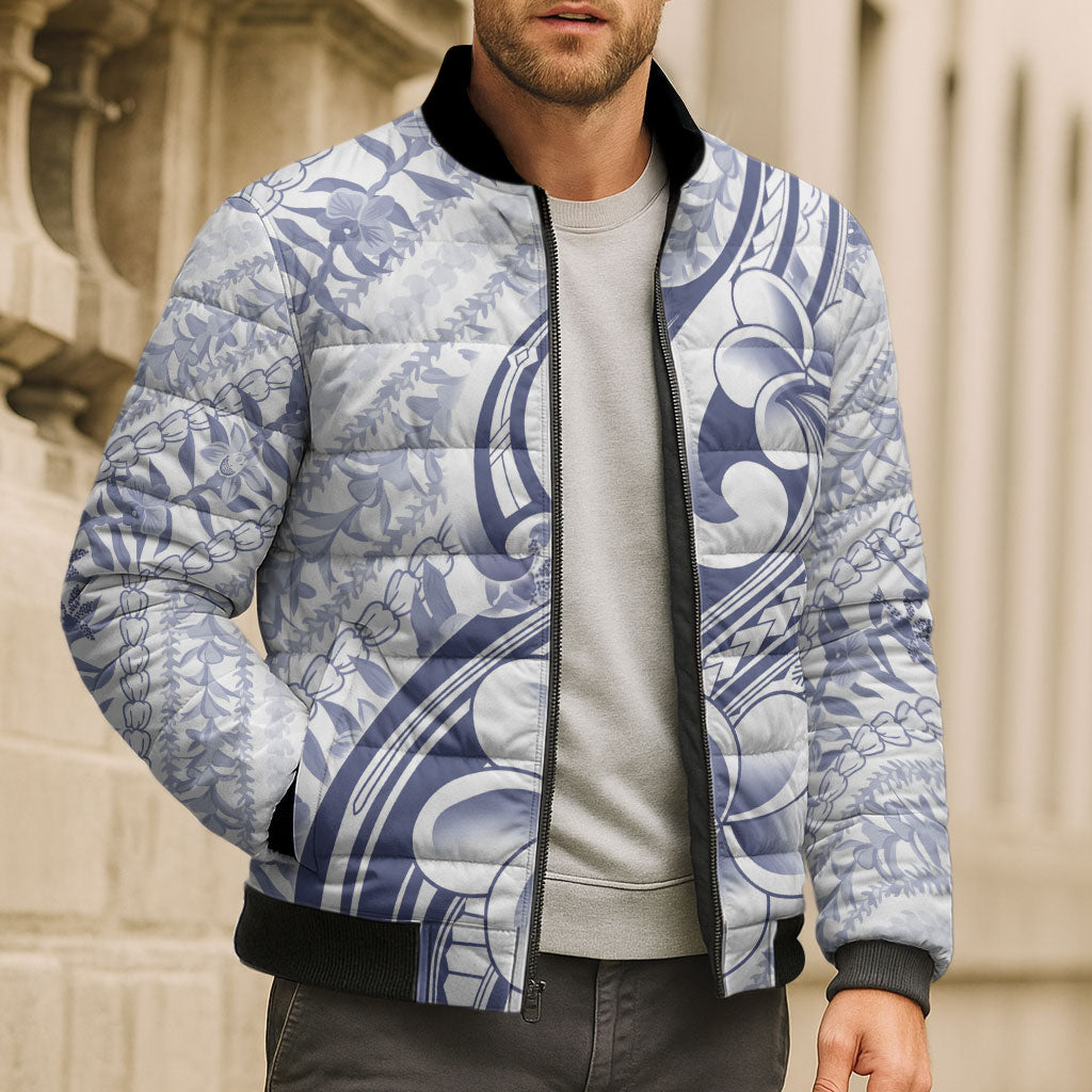 Hawaii Plumeria Lokelani Pikake Lei Bomber Puffer Jacket Navy Blue Polynesian Tattoo