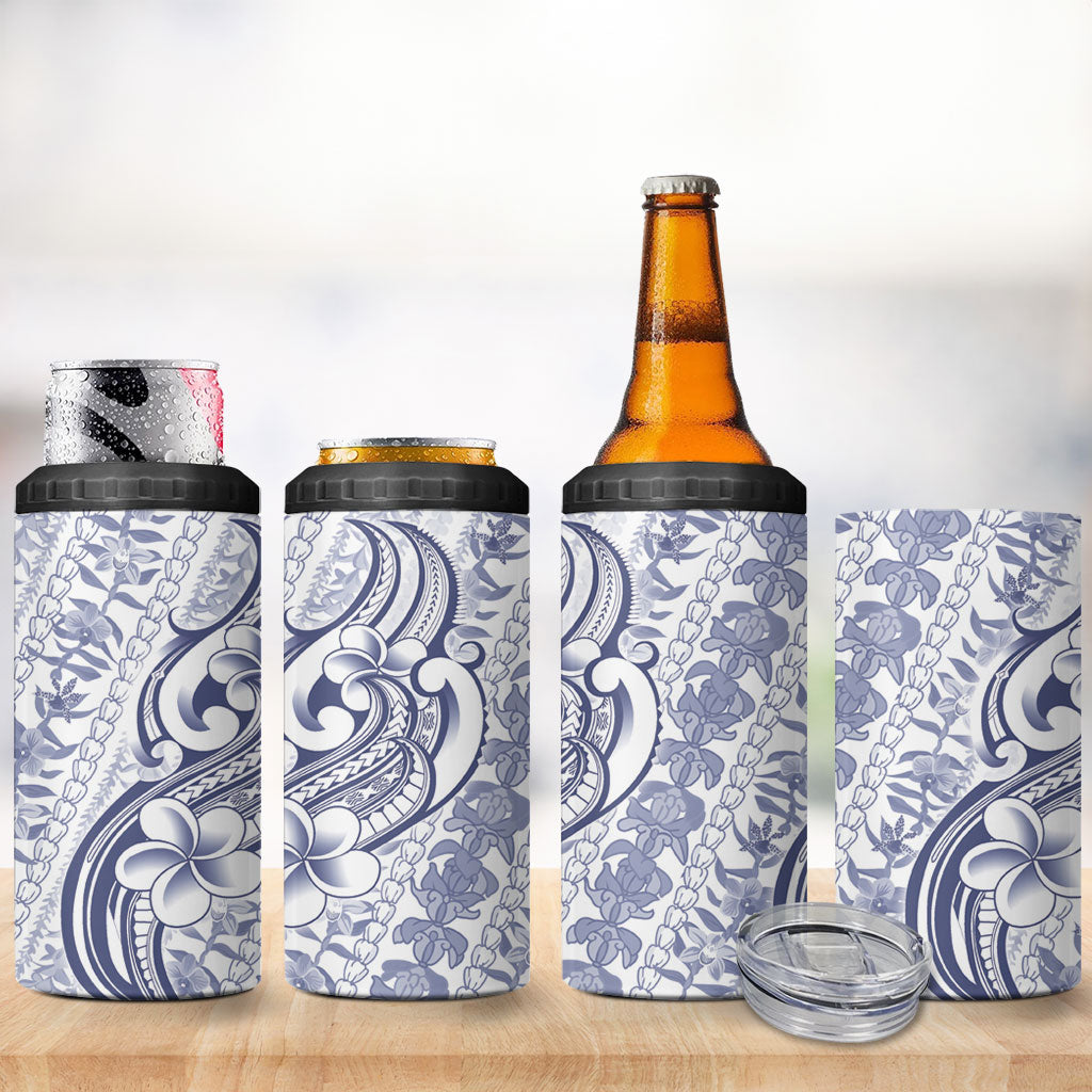 Hawaii Plumeria Lokelani Pikake Lei 4 in 1 Can Cooler Tumbler Navy Blue Polynesian Tattoo LT9 - Polynesian Pride