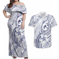 Hawaii Plumeria Lokelani Pikake Lei Couples Matching Off Shoulder Maxi Dress and Hawaiian Shirt Navy Blue Polynesian Tattoo LT9 Navy Blue - Polynesian Pride