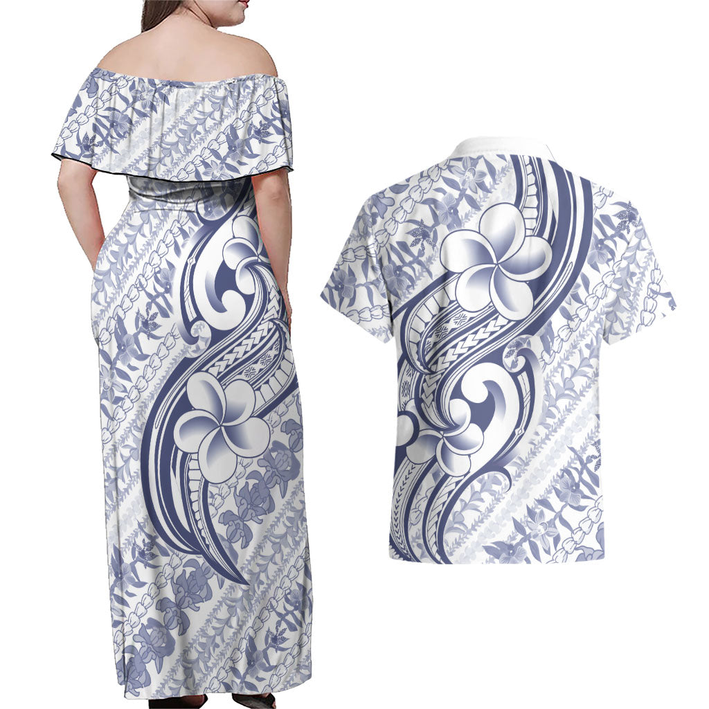 Hawaii Plumeria Lokelani Pikake Lei Couples Matching Off Shoulder Maxi Dress and Hawaiian Shirt Navy Blue Polynesian Tattoo LT9 - Polynesian Pride