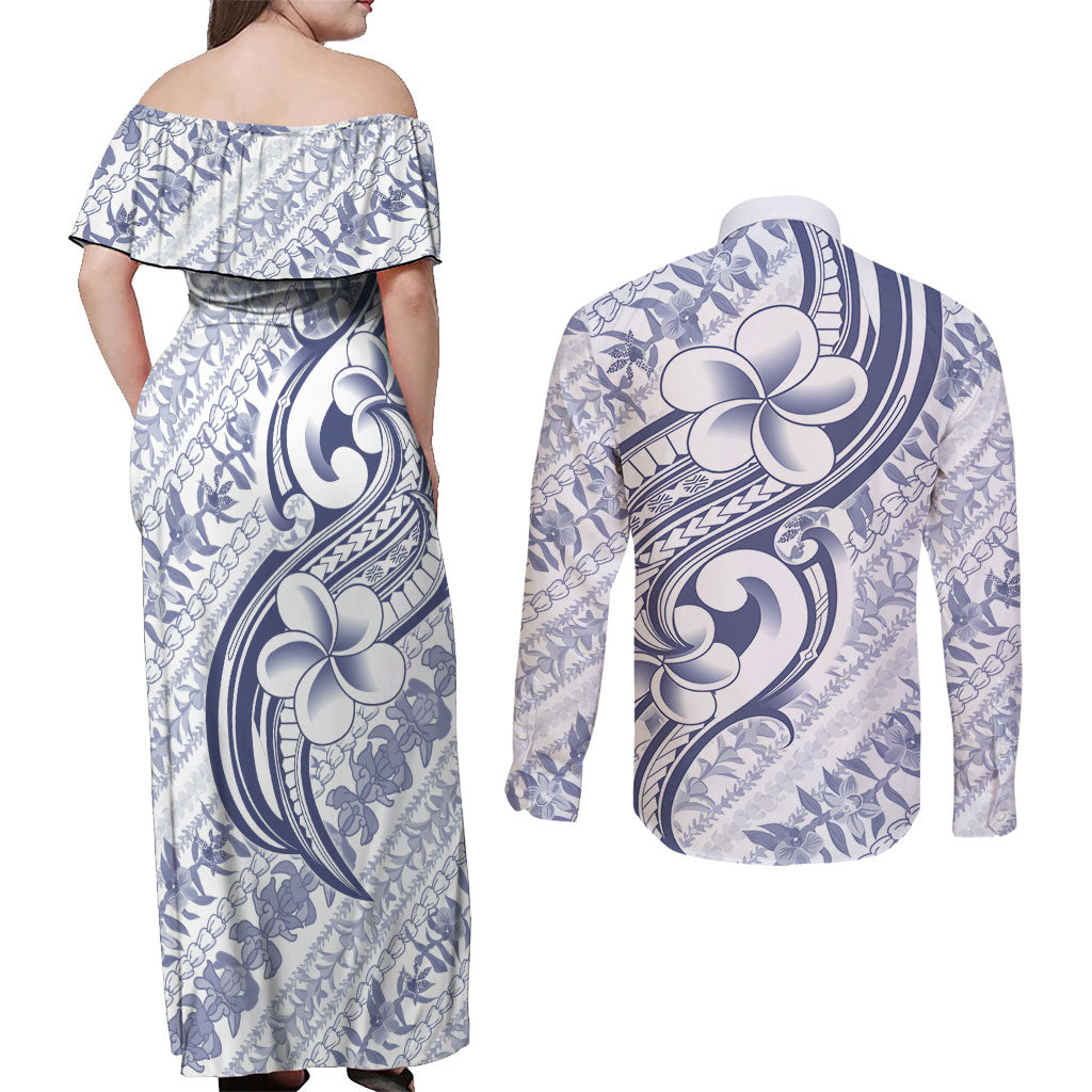 Hawaii Plumeria Lokelani Pikake Lei Couples Matching Off Shoulder Maxi Dress and Long Sleeve Button Shirt Navy Blue Polynesian Tattoo LT9 - Polynesian Pride