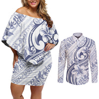 Hawaii Plumeria Lokelani Pikake Lei Couples Matching Off Shoulder Short Dress and Long Sleeve Button Shirt Navy Blue Polynesian Tattoo LT9 Navy Blue - Polynesian Pride