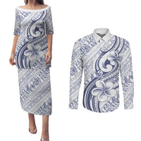 Hawaii Plumeria Lokelani Pikake Lei Couples Matching Puletasi and Long Sleeve Button Shirt Navy Blue Polynesian Tattoo LT9 Navy Blue - Polynesian Pride