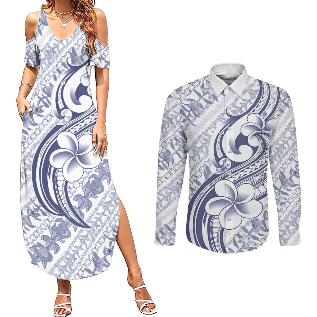 Hawaii Plumeria Lokelani Pikake Lei Couples Matching Summer Maxi Dress and Long Sleeve Button Shirt Navy Blue Polynesian Tattoo LT9 Navy Blue - Polynesian Pride