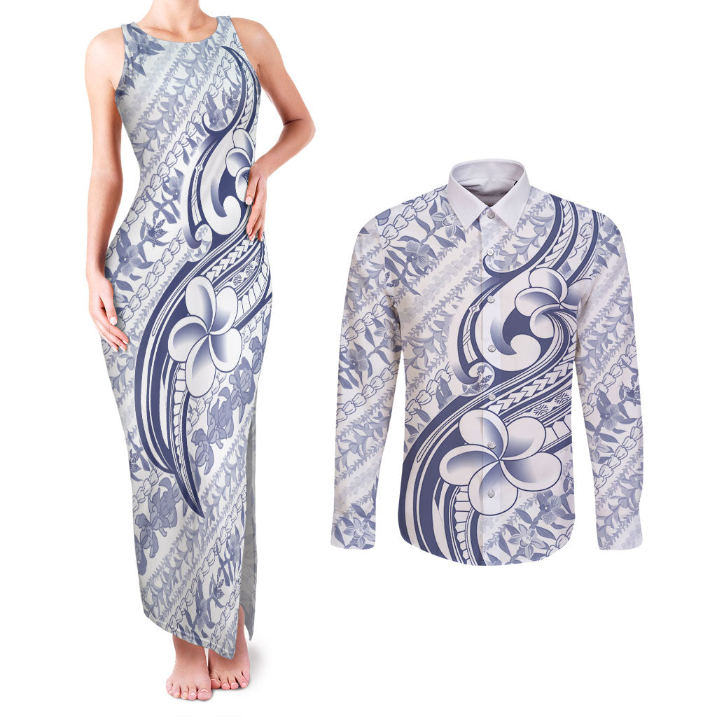 Hawaii Plumeria Lokelani Pikake Lei Couples Matching Tank Maxi Dress and Long Sleeve Button Shirt Navy Blue Polynesian Tattoo LT9 Navy Blue - Polynesian Pride
