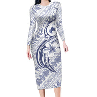 Hawaii Plumeria Lokelani Pikake Lei Family Matching Long Sleeve Bodycon Dress and Hawaiian Shirt Navy Blue Polynesian Tattoo LT9 Mom's Dress Navy Blue - Polynesian Pride