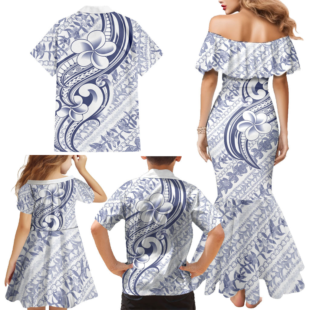 Hawaii Plumeria Lokelani Pikake Lei Family Matching Mermaid Dress and Hawaiian Shirt Navy Blue Polynesian Tattoo LT9 - Polynesian Pride
