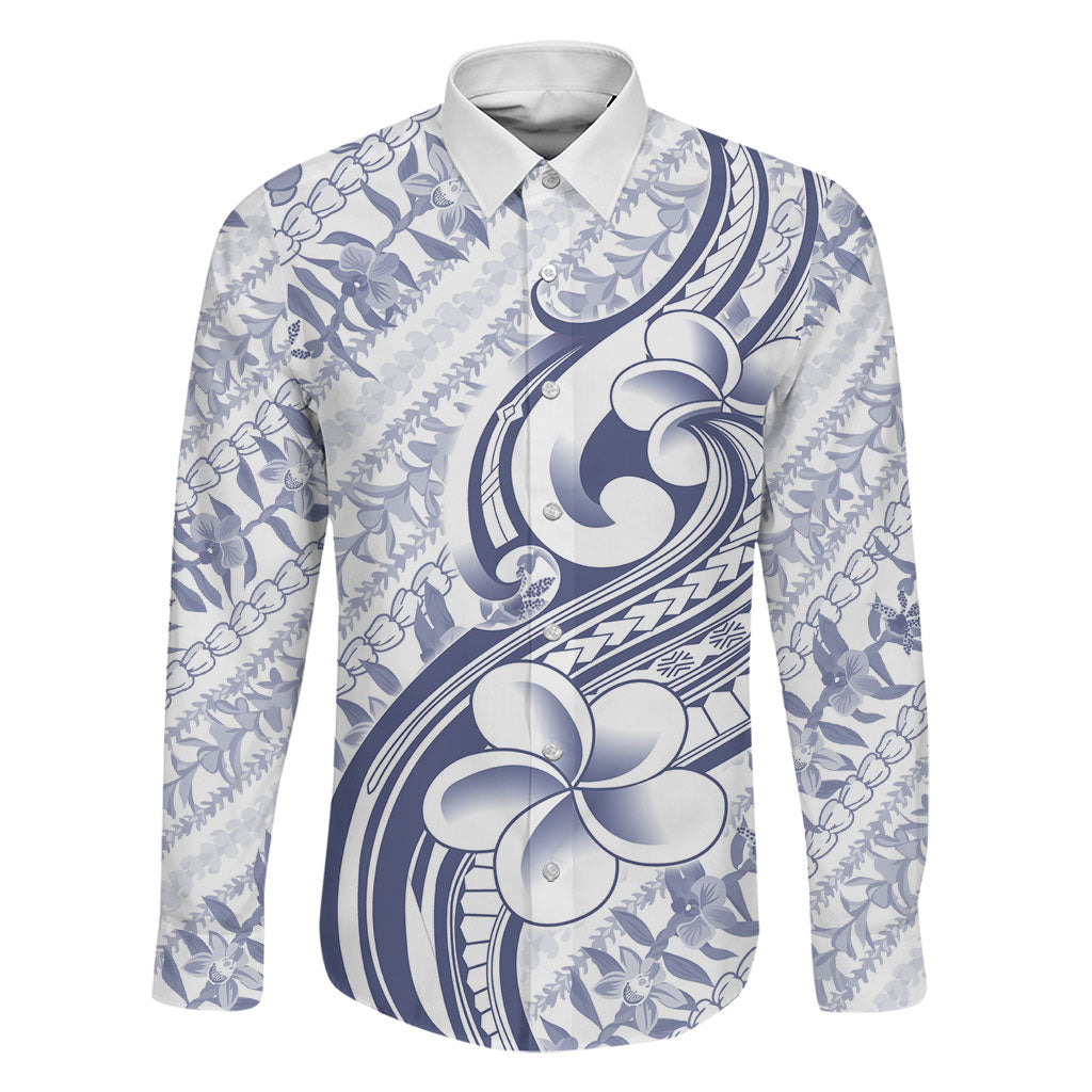 Hawaii Plumeria Lokelani Pikake Lei Family Matching Mermaid Dress and Hawaiian Shirt Navy Blue Polynesian Tattoo LT9 Dad's Shirt - Long Sleeve Navy Blue - Polynesian Pride