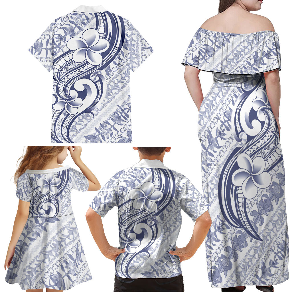 Hawaii Plumeria Lokelani Pikake Lei Family Matching Off Shoulder Maxi Dress and Hawaiian Shirt Navy Blue Polynesian Tattoo LT9 - Polynesian Pride