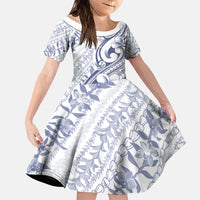 Hawaii Plumeria Lokelani Pikake Lei Family Matching Off Shoulder Short Dress and Hawaiian Shirt Navy Blue Polynesian Tattoo LT9 Daughter's Dress Navy Blue - Polynesian Pride