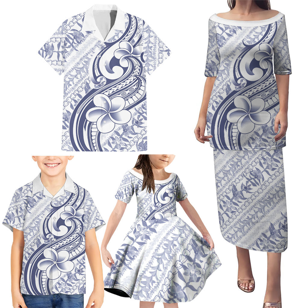 Hawaii Plumeria Lokelani Pikake Lei Family Matching Puletasi and Hawaiian Shirt Navy Blue Polynesian Tattoo LT9 - Polynesian Pride