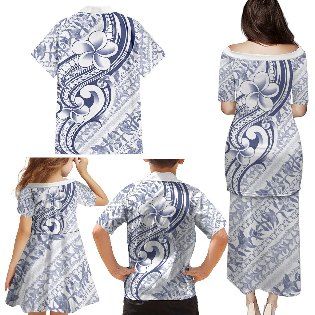 Hawaii Plumeria Lokelani Pikake Lei Family Matching Puletasi and Hawaiian Shirt Navy Blue Polynesian Tattoo LT9 - Polynesian Pride