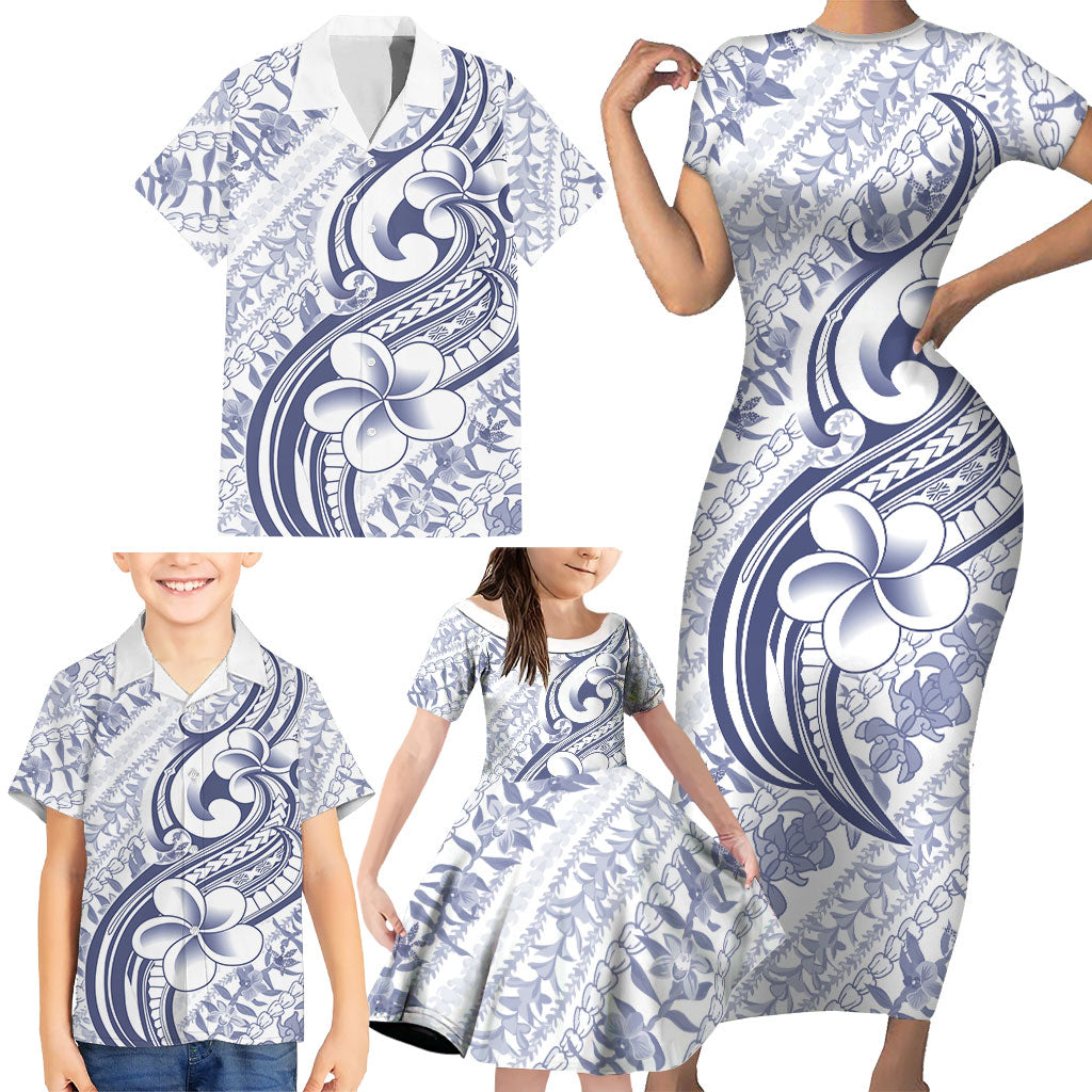 Hawaii Plumeria Lokelani Pikake Lei Family Matching Short Sleeve Bodycon Dress and Hawaiian Shirt Navy Blue Polynesian Tattoo LT9 - Polynesian Pride