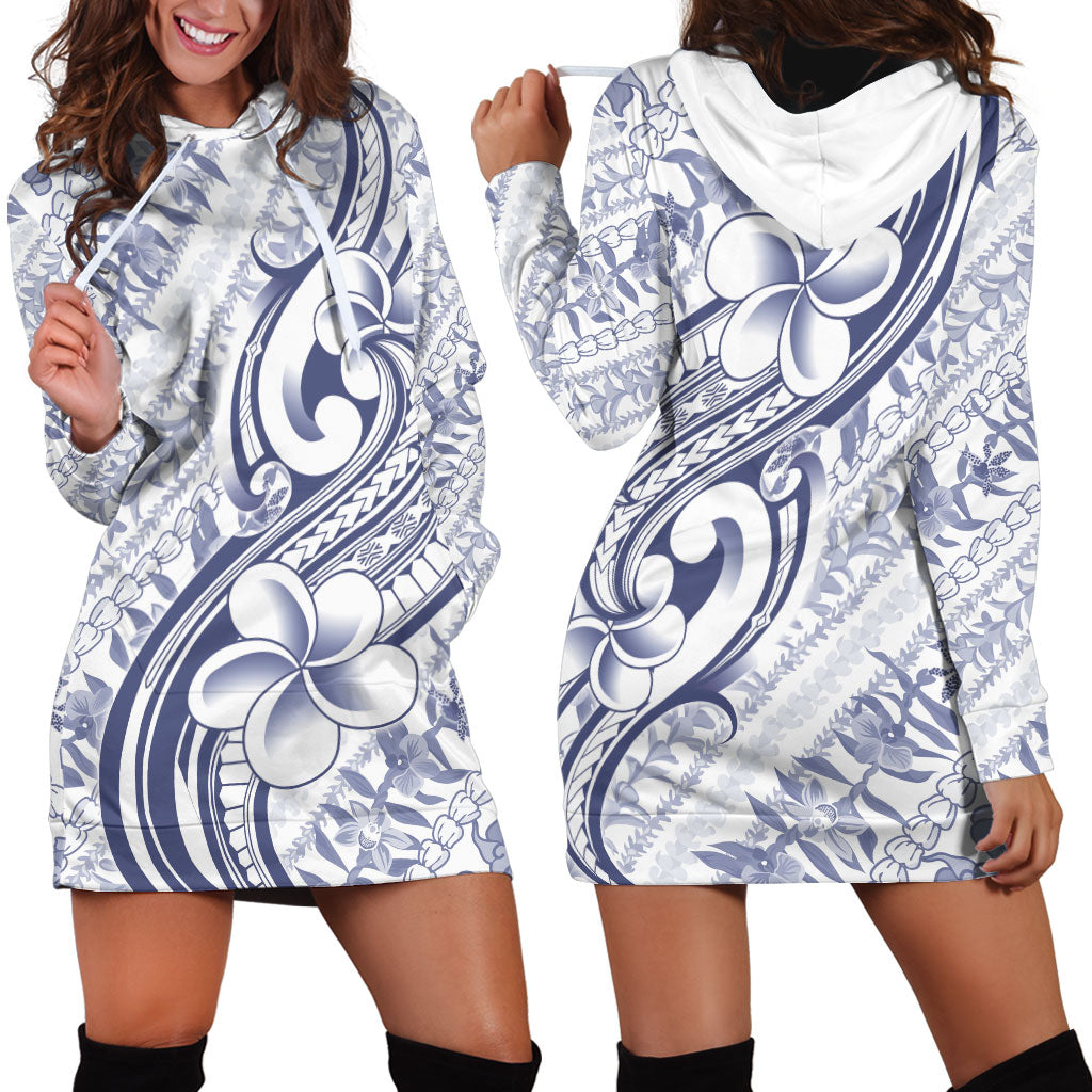 Hawaii Plumeria Lokelani Pikake Lei Hoodie Dress Navy Blue Polynesian Tattoo LT9 - Polynesian Pride