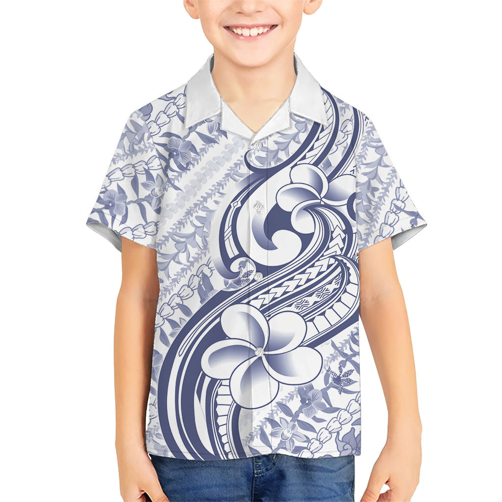 Hawaii Plumeria Lokelani Pikake Lei Kid Hawaiian Shirt Navy Blue Polynesian Tattoo