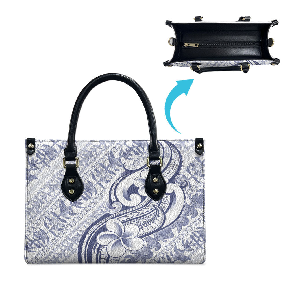 Hawaii Plumeria Lokelani Pikake Lei Leather Bag Navy Blue Polynesian Tattoo