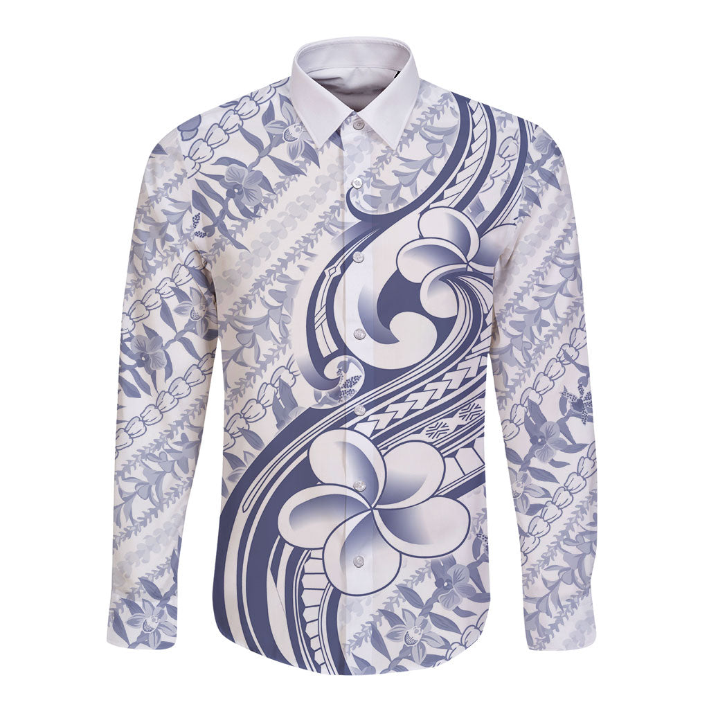 Hawaii Plumeria Lokelani Pikake Lei Long Sleeve Button Shirt Navy Blue Polynesian Tattoo