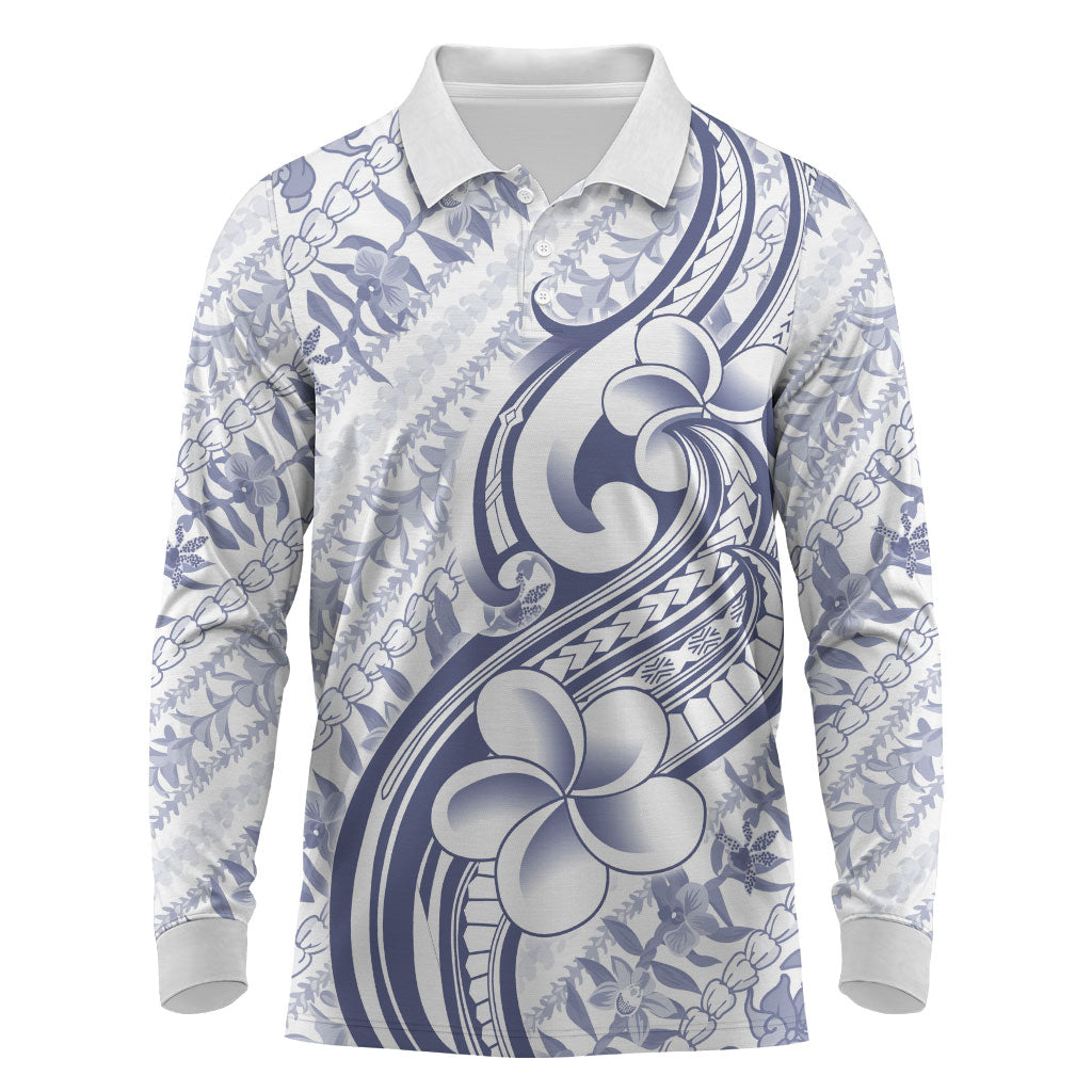Hawaii Plumeria Lokelani Pikake Lei Long Sleeve Polo Shirt Navy Blue Polynesian Tattoo LT9 Navy Blue - Polynesian Pride
