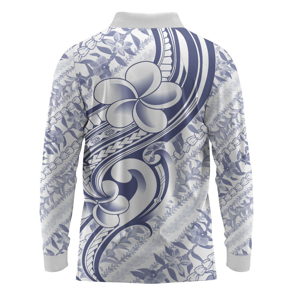 Hawaii Plumeria Lokelani Pikake Lei Long Sleeve Polo Shirt Navy Blue Polynesian Tattoo LT9 - Polynesian Pride