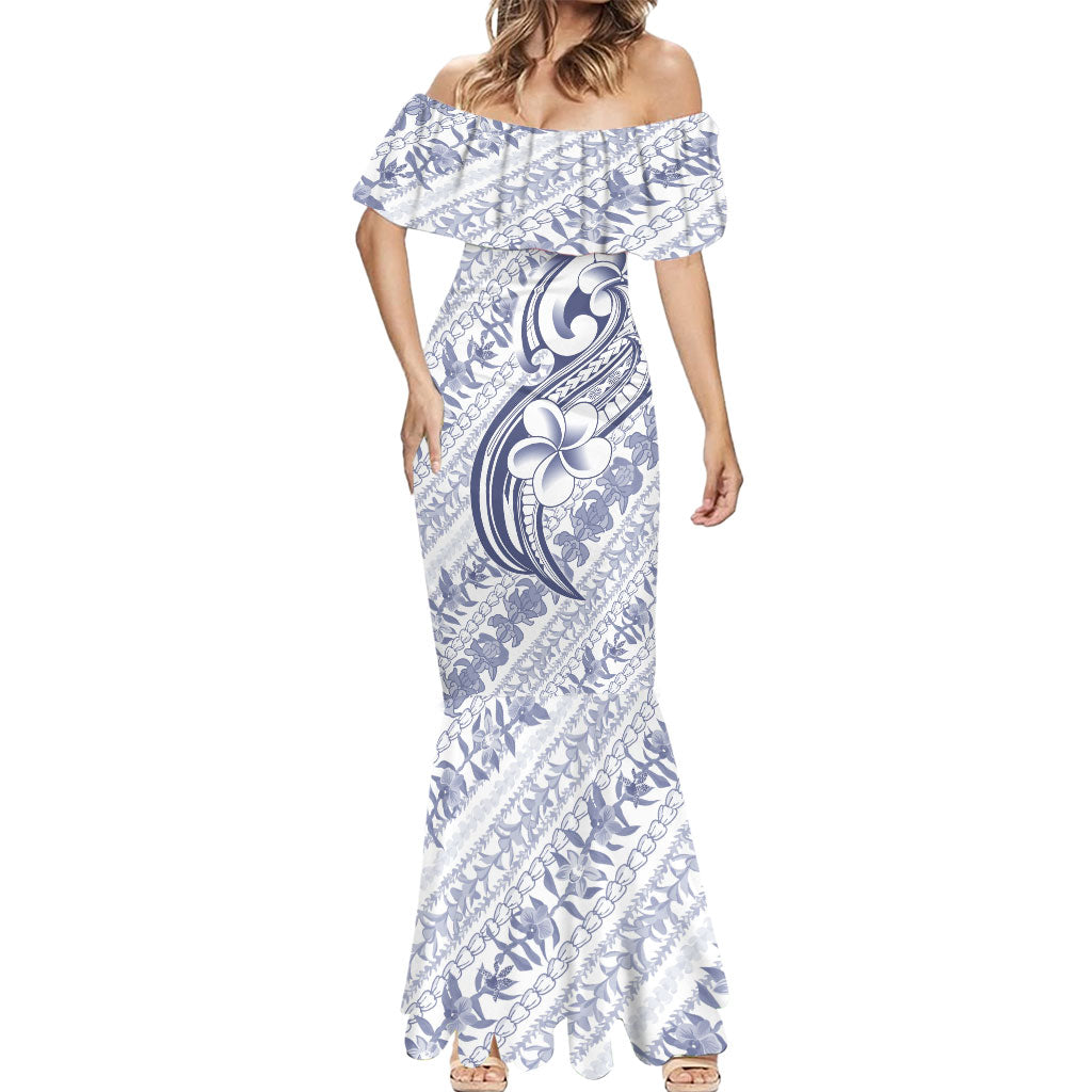 Hawaii Plumeria Lokelani Pikake Lei Mermaid Dress Navy Blue Polynesian Tattoo LT9 - Polynesian Pride