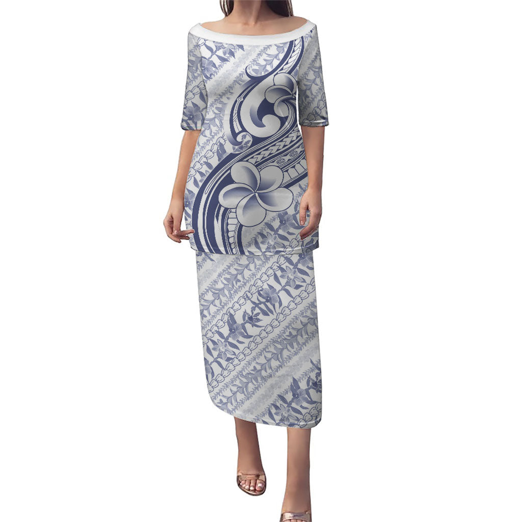 Hawaii Plumeria Lokelani Pikake Lei Puletasi Navy Blue Polynesian Tattoo LT9 Long Dress Navy Blue - Polynesian Pride