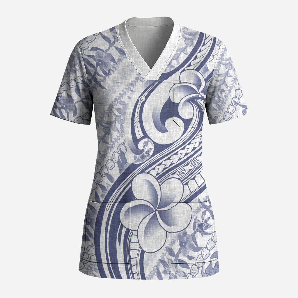 Hawaii Plumeria Lokelani Pikake Lei Scrub Top Navy Blue Polynesian Tattoo LT9 Adult Navy Blue - Polynesian Pride