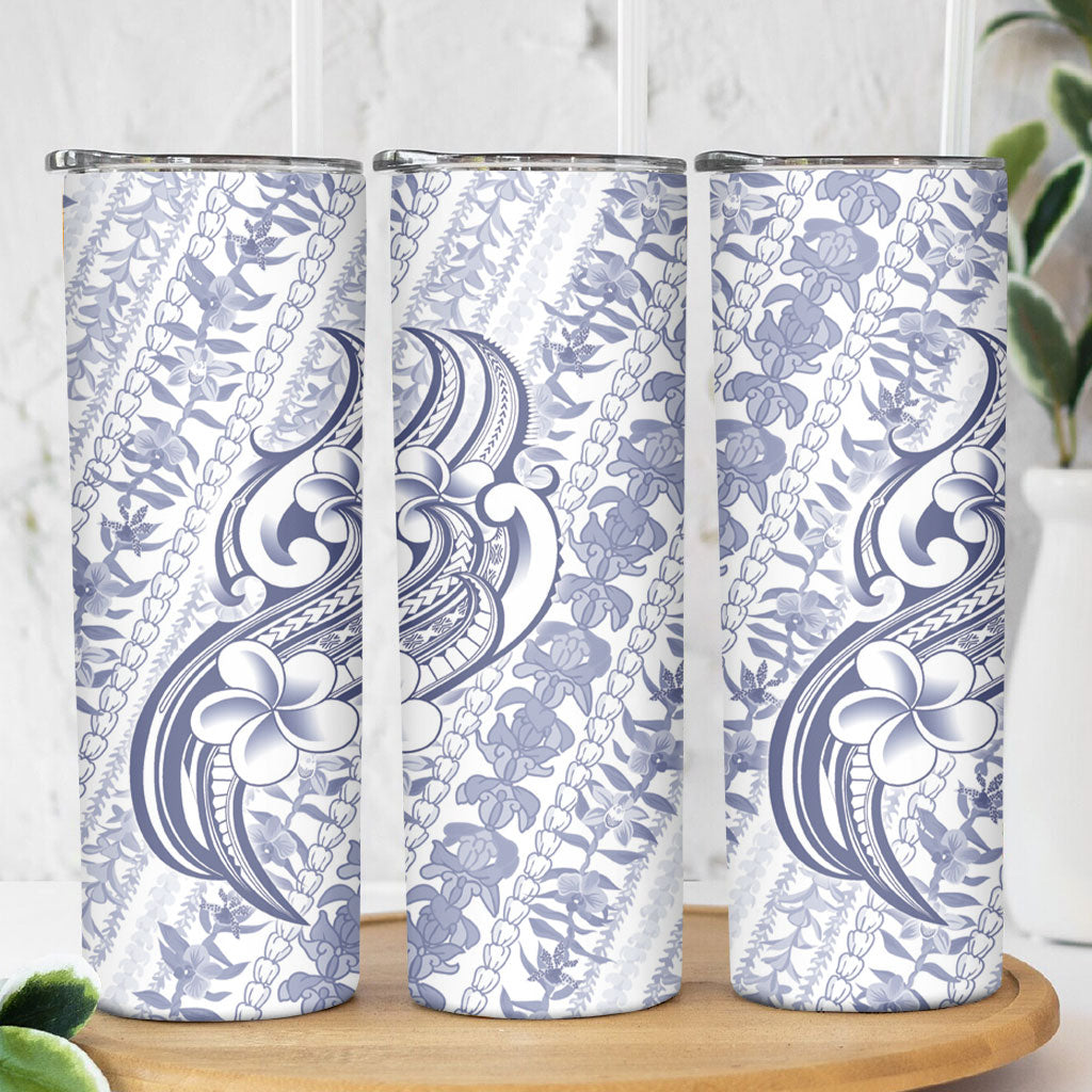 Hawaii Plumeria Lokelani Pikake Lei Skinny Tumbler Navy Blue Polynesian Tattoo LT9 - Polynesian Pride