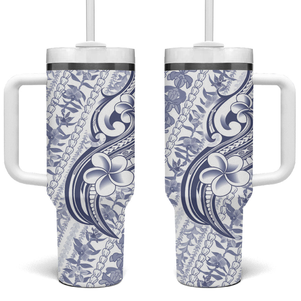 Hawaii Plumeria Lokelani Pikake Lei Tumbler With Handle Navy Blue Polynesian Tattoo LT9 One Size: 40 oz Navy Blue - Polynesian Pride