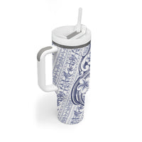Hawaii Plumeria Lokelani Pikake Lei Tumbler With Handle Navy Blue Polynesian Tattoo