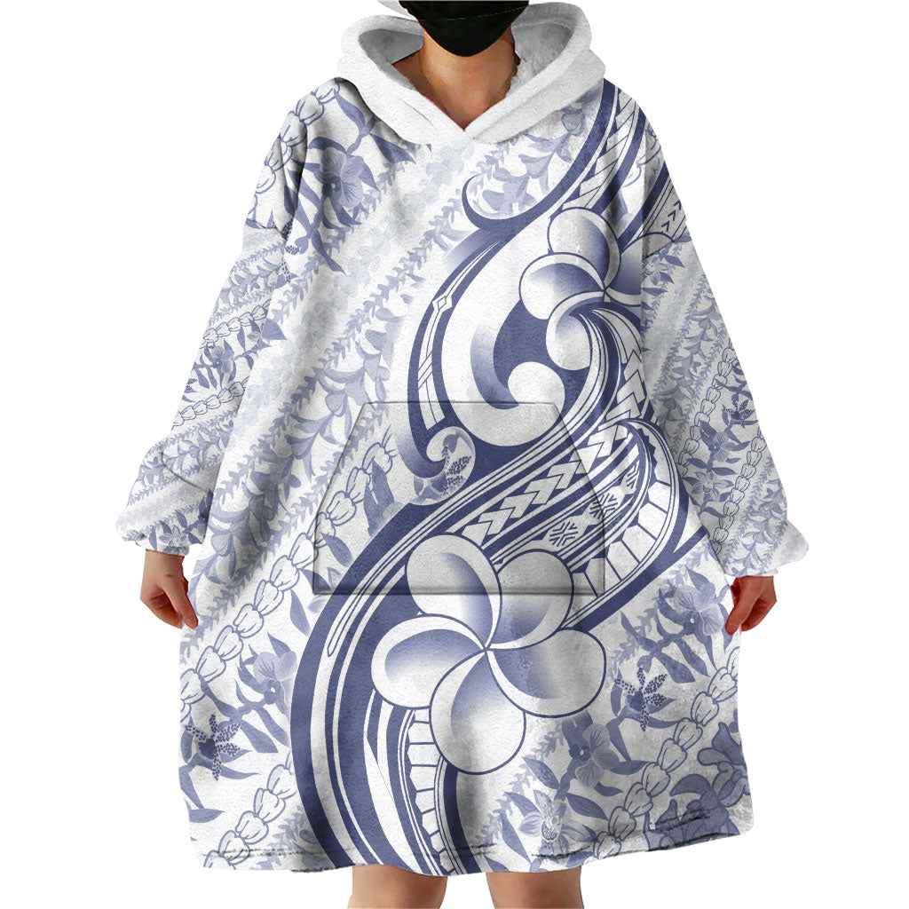Hawaii Plumeria Lokelani Pikake Lei Wearable Blanket Hoodie Navy Blue Polynesian Tattoo LT9 - Polynesian Pride