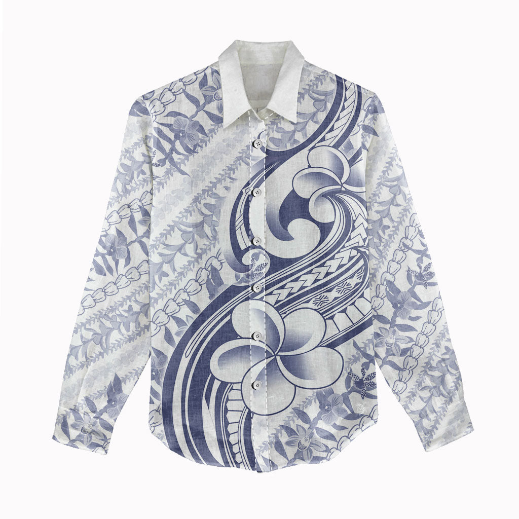 Hawaii Plumeria Lokelani Pikake Lei Women Casual Shirt Navy Blue Polynesian Tattoo LT9 - Polynesian Pride