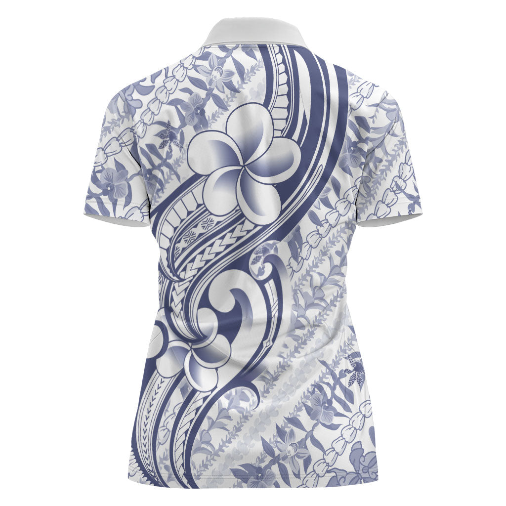 Hawaii Plumeria Lokelani Pikake Lei Women Polo Shirt Navy Blue Polynesian Tattoo LT9 - Polynesian Pride