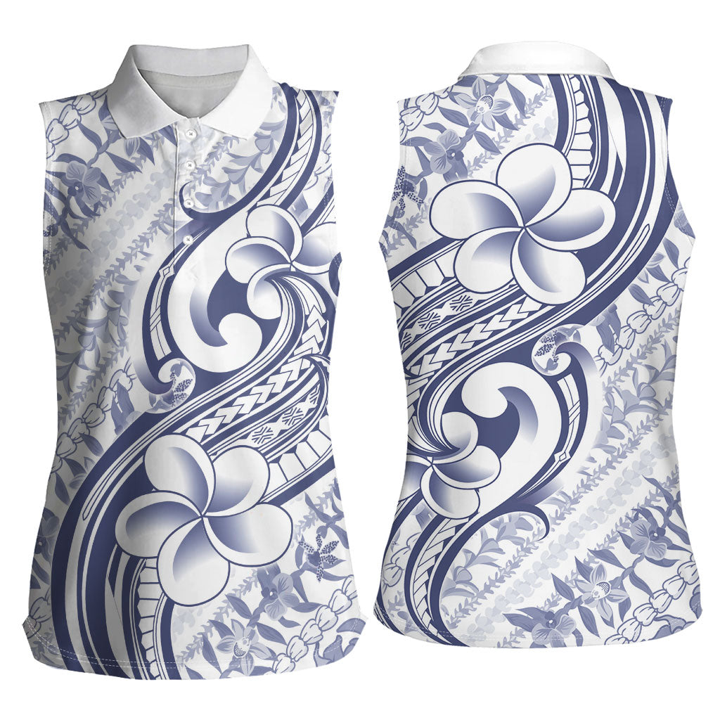 Hawaii Plumeria Lokelani Pikake Lei Women Sleeveless Polo Shirt Navy Blue Polynesian Tattoo LT9 - Polynesian Pride