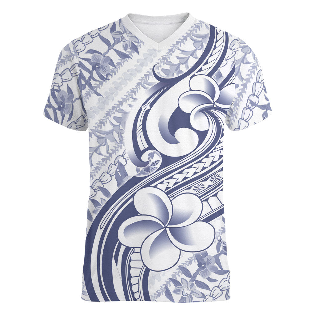 Hawaii Plumeria Lokelani Pikake Lei Women V-Neck T-Shirt Navy Blue Polynesian Tattoo LT9 Female Navy Blue - Polynesian Pride